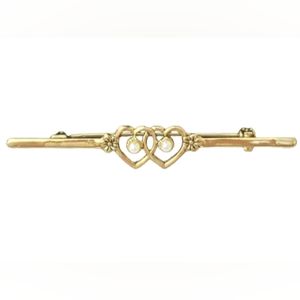 Gold Double Hearts Brooch on a bar with Pearl Centers and Dainty Flowers